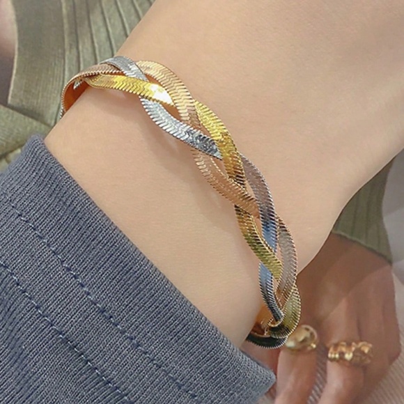 Luxe Tri color Stainless Steel Braided Necklace Bracelet Set - Picture 3 of 5